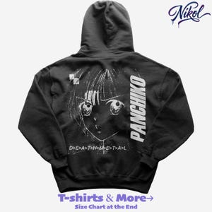 White hooded sweatshirt mockup, rear perspective with natural wrinkles and Panchiko deathmetal album back print.