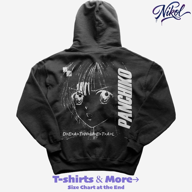White hooded sweatshirt mockup, rear perspective with natural wrinkles and Panchiko deathmetal album back print.