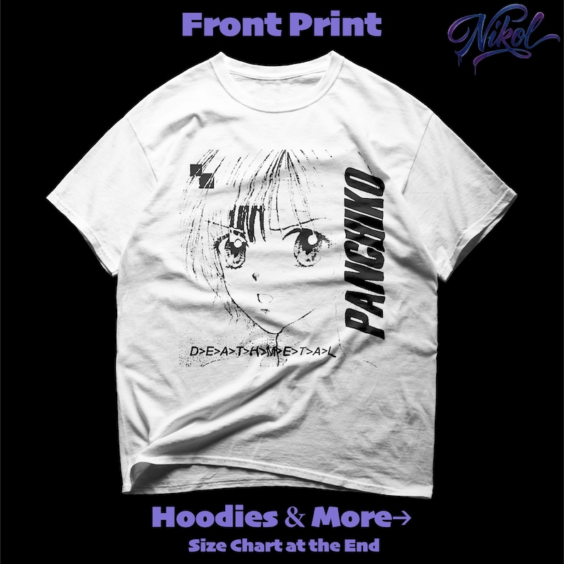 White t-shirt front print mockup with detailed wrinkles and shading, displaying panchiko deathmetal album.