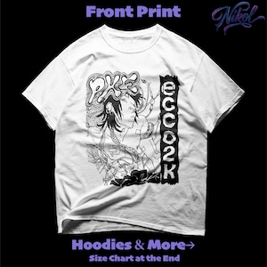 May include: White t-shirt with a black and white graphic print. The design features a stylized illustration of a person with the text "PKZE" and "ECCO2K". The shirt also has the text "Hoodies & More" and "Size Chart at the End".