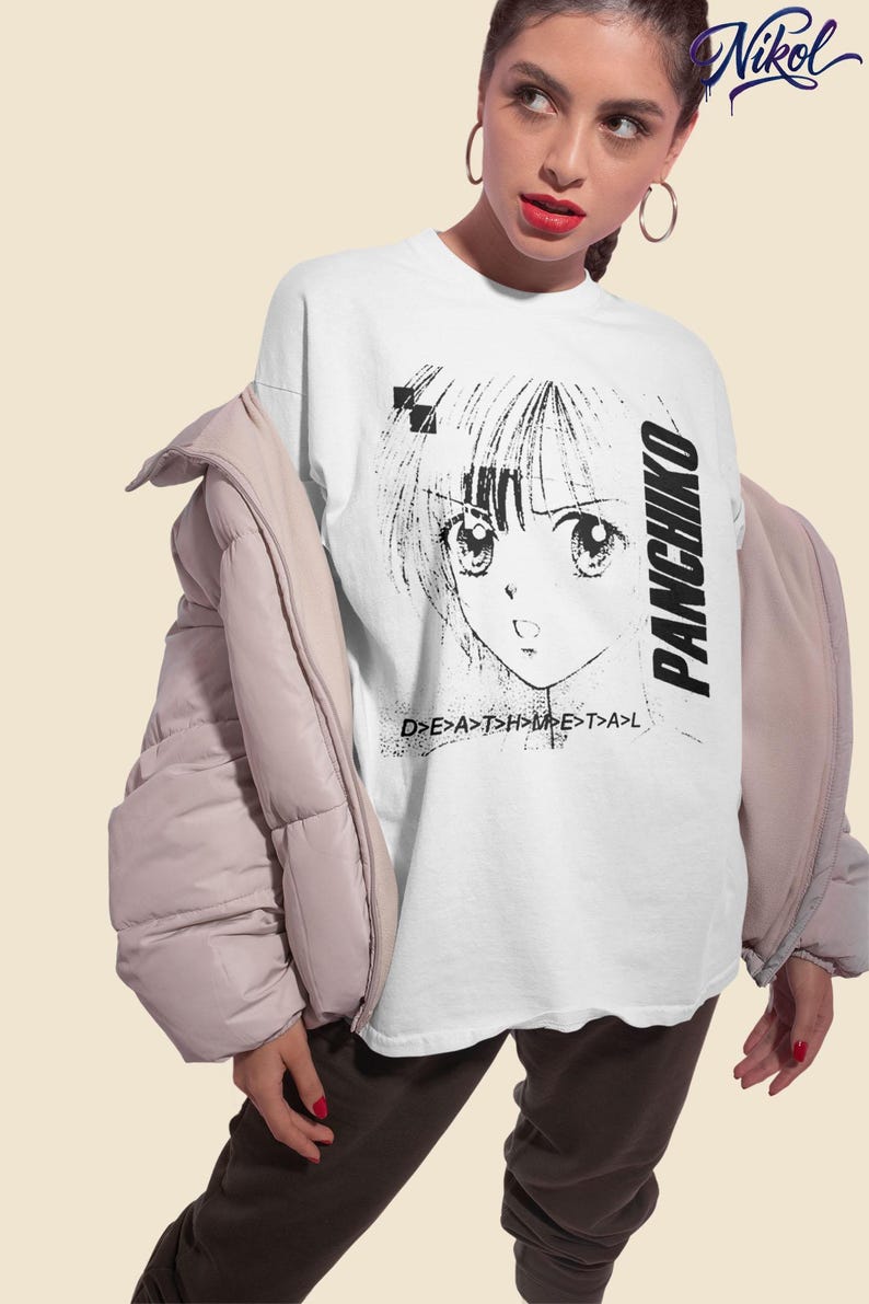 White unisex t-shirt worn by a model, front print display showing panchiko deathmetal album clearly.