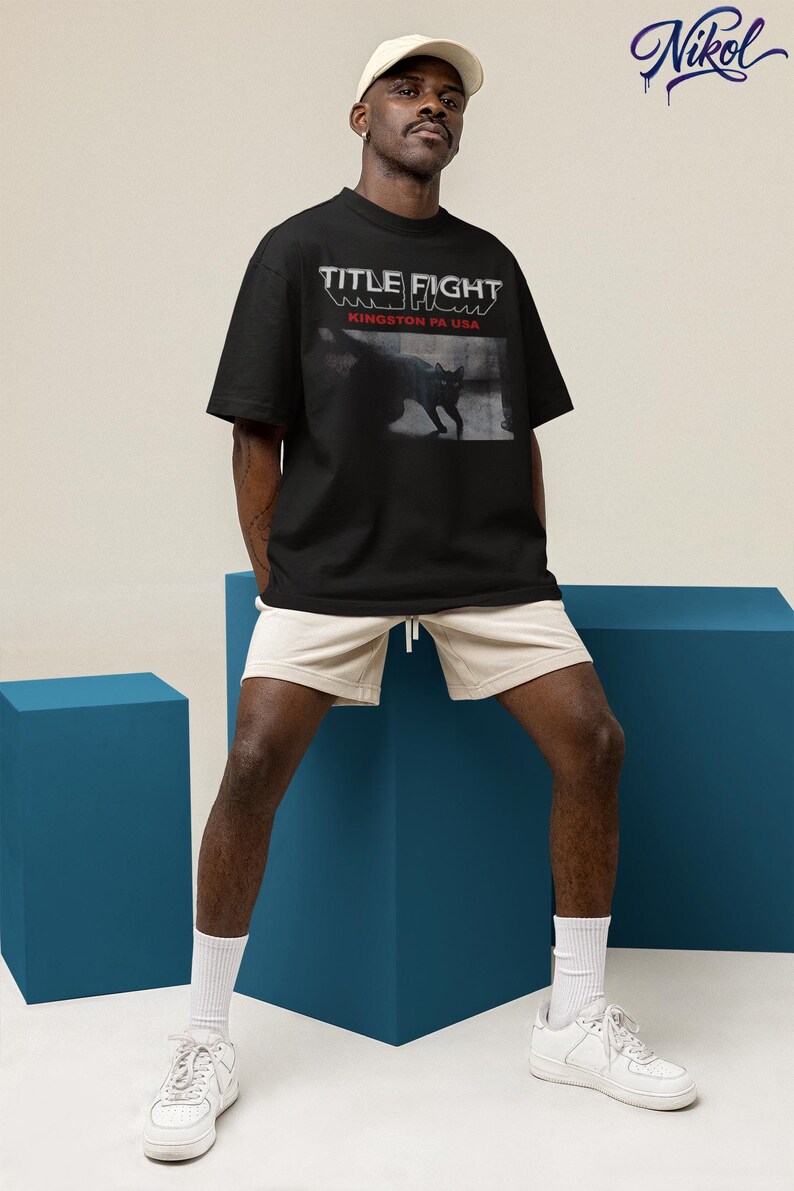 Front print white tank top mockup in a summer scene, featuring Title Fight on the chest.