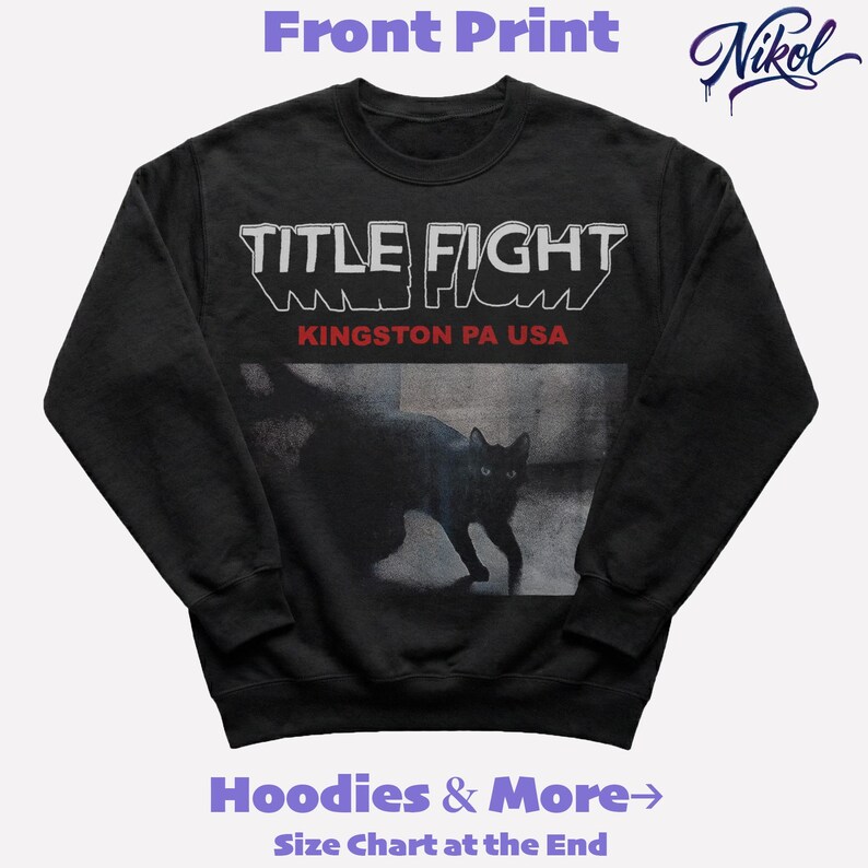 White sweatshirt mockup, front print layout with high contrast background and Title Fight centered on the chest.