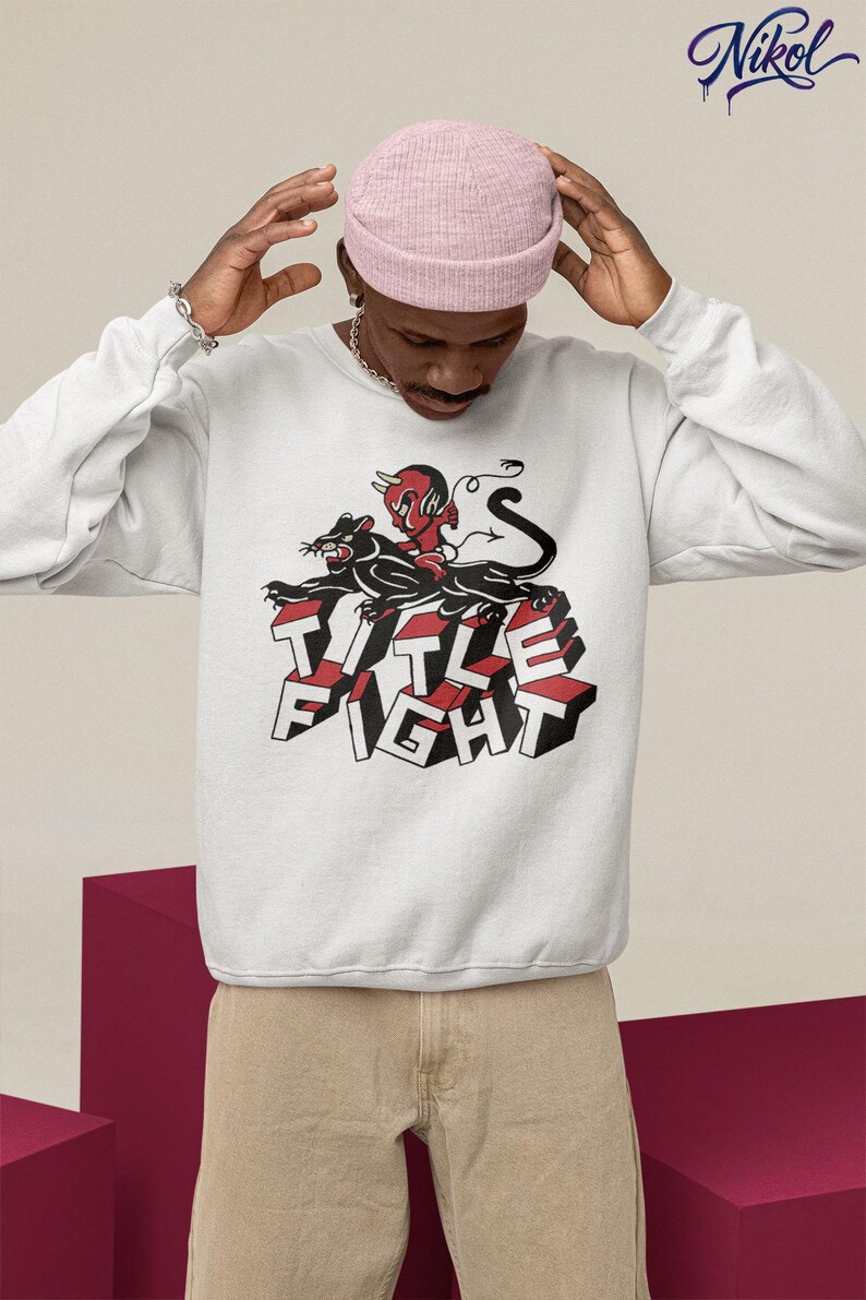 White crewneck sweatshirt lifestyle mockup, front design area showing title fight clearly.