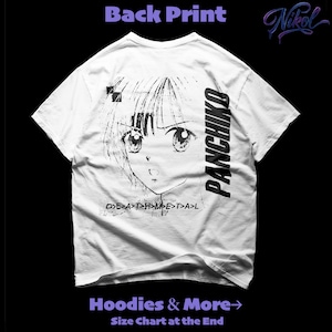 White crewneck t-shirt mockup, rear perspective with panchiko deathmetal album placed on the back print zone.