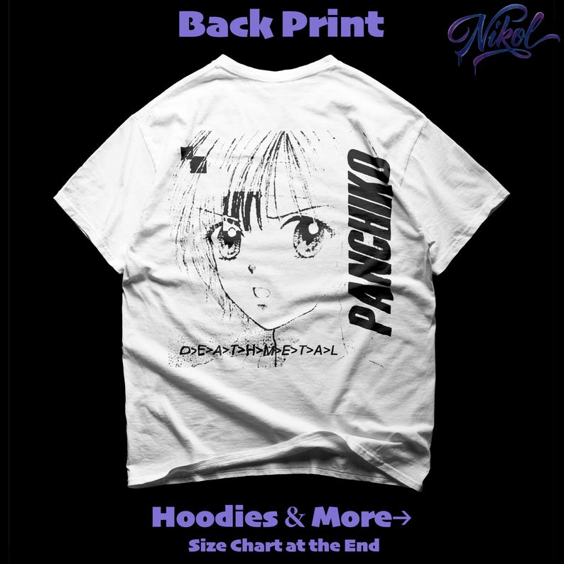 White crewneck t-shirt mockup, rear perspective with panchiko deathmetal album placed on the back print zone.