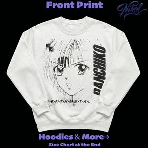 White pullover crewneck sweatshirt product mockup, centered front print placement showing panchiko deathmetal album.