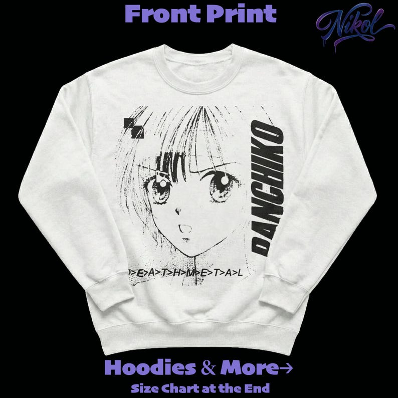 White pullover crewneck sweatshirt product mockup, centered front print placement showing panchiko deathmetal album.