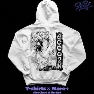May include: A white hooded sweatshirt with a black and white graphic design on the back. The design features a stylized illustration of a person with the text "DYE" and "ECCO2K". The bottom of the sweatshirt has the text "T-shirts & More -> Size Chart at the End".