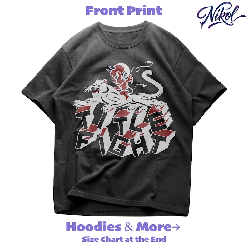 E-commerce style white t-shirt mockup, front print placement featuring title fight for product pages.