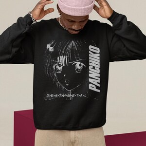 Back view white pullover hoodie worn in an indoor setting, featuring Panchiko deathmetal album centered on the back.