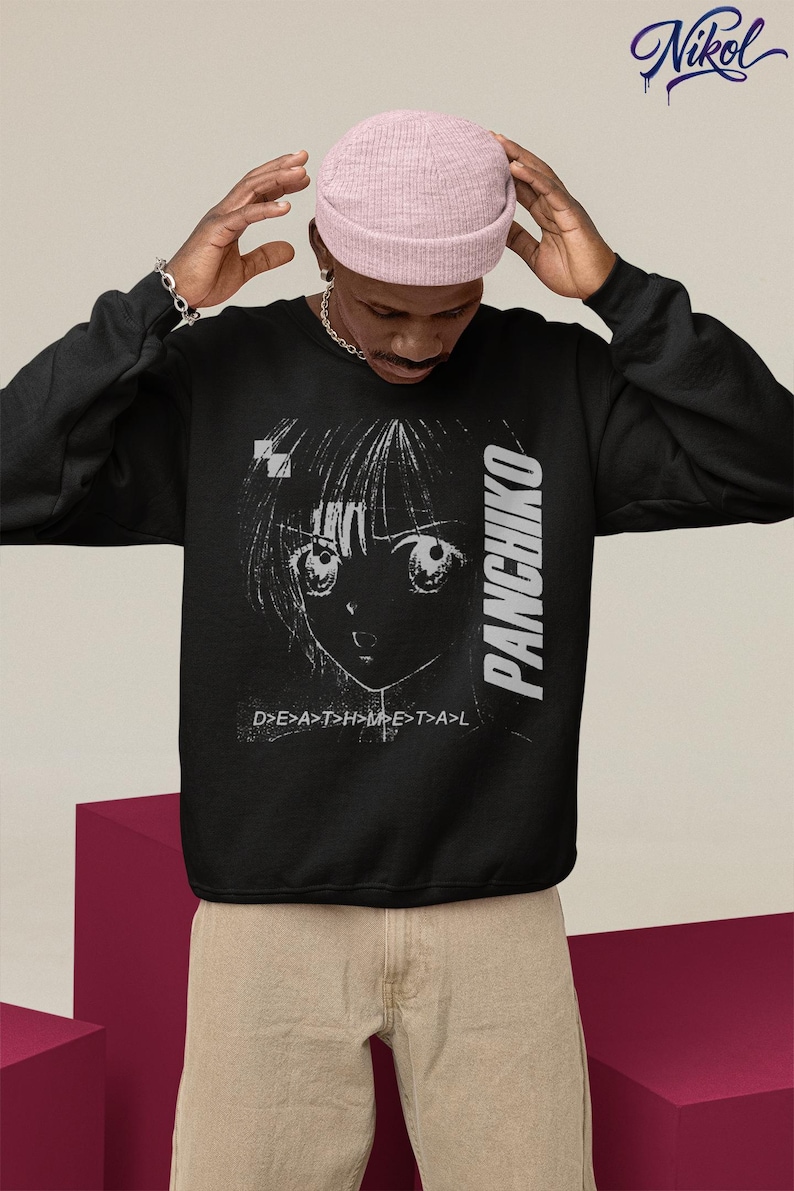 Back view white pullover hoodie worn in an indoor setting, featuring Panchiko deathmetal album centered on the back.