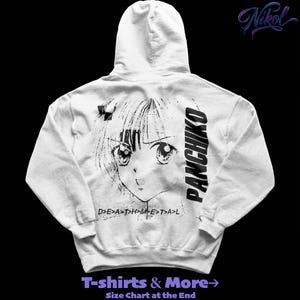 White hooded sweatshirt mockup, rear perspective with natural wrinkles and panchiko deathmetal album back print.