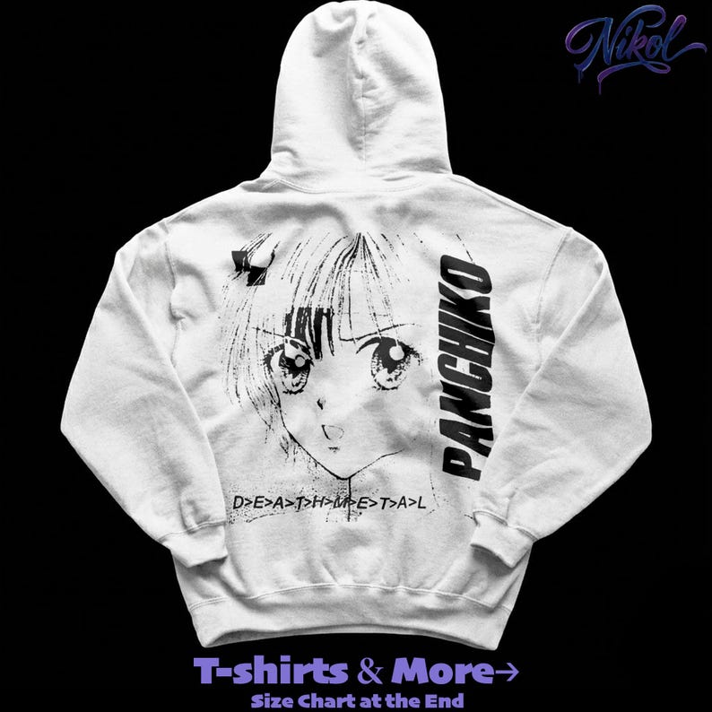 White hooded sweatshirt mockup, rear perspective with natural wrinkles and panchiko deathmetal album back print.