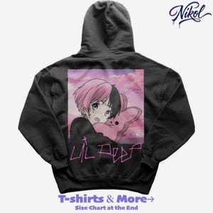 May include: Black hoodie featuring a graphic of an anime character with pink and black hair, hugging a pink bunny. The text "Lil Peep" is below the image in pink. The hoodie also has the text "T-shirts & More" and "Size Chart at the End".
