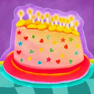 May include: A sticker illustration of a round cake with light pink frosting, decorated with small colorful stars and hearts. The top features a row of yellow dollops and lit candles with glowing flames. The cake sits on a bright red plate.