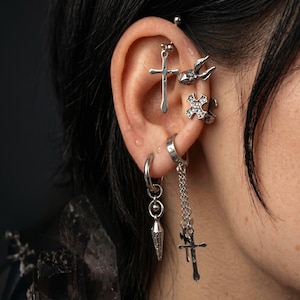 Gothic Cross Earring Set - Alt Piercing Jewelry Bundle, Silver Cross Studs Hoops Dangles, Witchy Ear Cuff Stack, Dark Aesthetic Gift