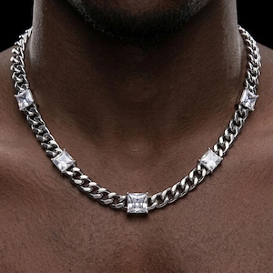 CZ Cuban Chain Necklace - Silver Stone Link, Gothic Luxury Collar, Premium Punk Jewelry, Edgy Statement Piece