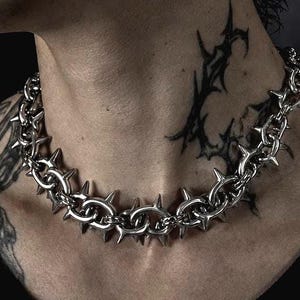 Thorn Bone Spike Choker - Silver Gothic Collar, Y2K Grunge Chain, Industrial Punk Neck