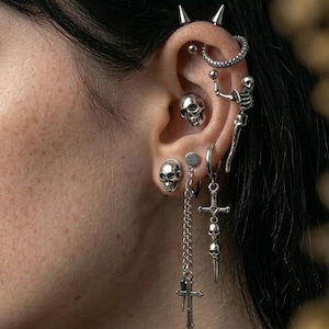Skull Cross Earring Set - Gothic Piercing Jewelry Bundle, Alt Ear Stack with Spikes, Dark Aesthetic Skeleton Studs Hoops, Grunge Ear Cuff