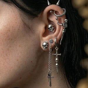 Skull Cross Earring Set - Gothic Piercing Jewelry Bundle, Alt Ear Stack with Spikes, Dark Aesthetic Skeleton Studs Hoops, Grunge Ear Cuff
