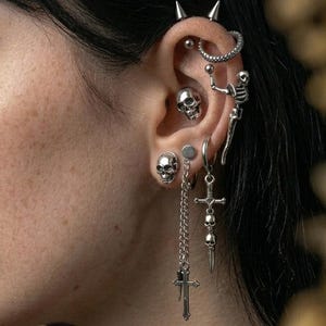 Skull Cross Earring Set - Gothic Piercing Jewelry Bundle, Alt Ear Stack with Spikes, Dark Aesthetic Skeleton Studs Hoops, Grunge Ear Cuff