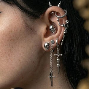 Skull Cross Earring Set - Gothic Piercing Jewelry Bundle, Alt Ear Stack with Spikes, Dark Aesthetic Skeleton Studs Hoops, Grunge Ear Cuff