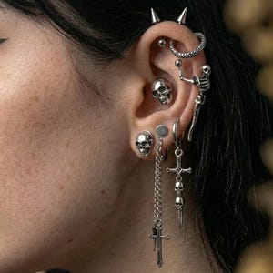 Skull Cross Earring Set - Gothic Piercing Jewelry Bundle, Alt Ear Stack with Spikes, Dark Aesthetic Skeleton Studs Hoops, Grunge Ear Cuff