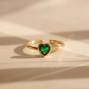 Heart Shaped Birthstone Ring | Gold Adjustable Ring Women | Emerald Pink Crystal CZ Ring | Dainty Stacking Ring | Mothers Day Gift Jewelry