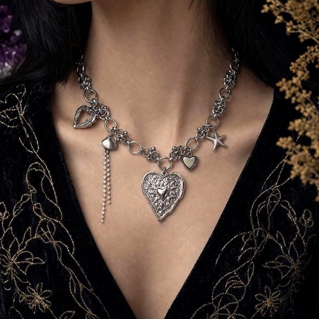 Collier Multi-breloques Or – Cœur Et Papillon, Bijou Déclaration Pour Femme, Usage Quotidien Et élégant