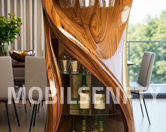 Mueble bar curvo de nogal, expositor de vino escultural, moderno mueble para licores con soporte para copas.