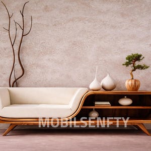 May include: A modern wooden sofa with a built-in shelf, featuring a cream-colored cushion and a natural wood finish. The shelf displays decorative vases, a bonsai tree, and books. The word "MOBILSENFTY" is printed on the front of the sofa.