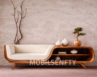 Panca-letto scultorea in noce con seduta imbottita e ripiani portaoggetti.