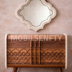 以下が含まれることがあります： 彫刻が施されたフロントとマッチする鏡を備えた、ミッドセンチュリーモダン様式の木製ドレッサー。 ドレッサーは、白いトリムと角度の付いた脚を備えた明るい木材仕上げです。 鏡は白いフレームのユニークな形をしています。