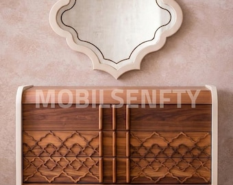 モダンなウォールナット材のドレッサーとミラーセット、彫刻的な化粧台収納キャビネット