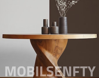 Mesa de comedor redonda de madera, base de pedestal escultural retorcida, armario de almacenamiento de madera en tono miel.