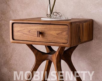 Mesa de cabeceira em nogueira, mesa lateral de estilo meados do século XX, mesa de cabeceira com pés em X, móveis modernos e minimalistas