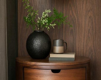 Walnut Round Bedside Table, Modern 2 Drawer Nightstand, Minimalist Side Cabinet