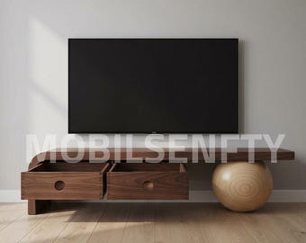Modern Wood Console Table with Drawers, Sculptural Sphere Leg TV Stand, Walnut Media Console, Minimalist Storage Bench, 210cm