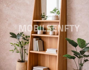 Arched Wooden Bookshelf with Mirror, Japandi Plant Shelf, Honey Oak Display Bookcase