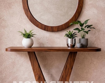 Table console en noyer avec miroir rond, mobilier d'entrée sculptural base en V