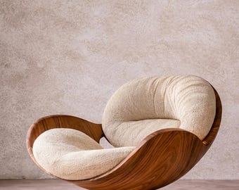 Sculptural Walnut Lounge Chair, Cream Boucle Upholstery, Modern Swivel Accent Chair