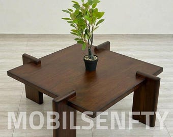 Mesa de centro cuadrada de nogal, mesa de salón Japandi de madera oscura