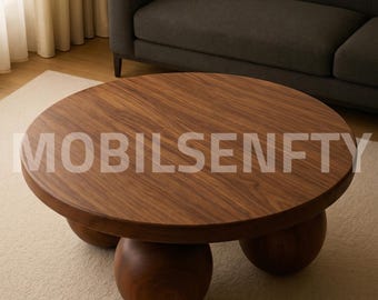 Mesa de centro redonda de nogal, patas esféricas esculturales, mesa de centro baja moderna de madera.