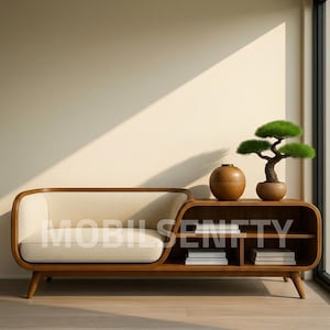 Wooden Sofa Bench with Storage Shelf, Japandi Mid Century Modern Loveseat Cushion