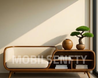 Wooden Sofa Bench with Storage Shelf, Japandi Mid Century Modern Loveseat Cushion