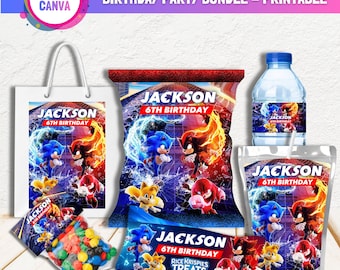 Printable Sonic the Hedgehog Birthday Party Favors, Sonic Birthday Party Bundle, Editable Template, Chip Bags, Party Labels, Digital File