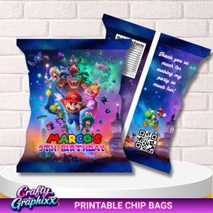 Könnte beinhalten: Bedruckbare Chipstüten mit einem farbenfrohen Design mit Mario-Charakteren, dem Text "MARCO'S 9TH BIRTHDAY" und dem Satz "Thank you so much for making my party so much fun!"