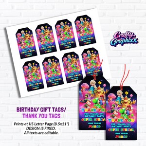 May include: Gift tags featuring a colorful design with characters from a popular video game. The tags say "Thank You" and "Super Special" with space for a name. The tags are printed on US Letter size paper.