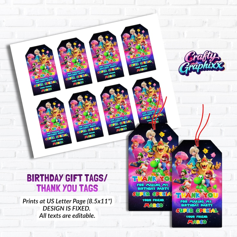 May include: Gift tags featuring a colorful design with characters from a popular video game. The tags say "Thank You" and "Super Special" with space for a name. The tags are printed on US Letter size paper.